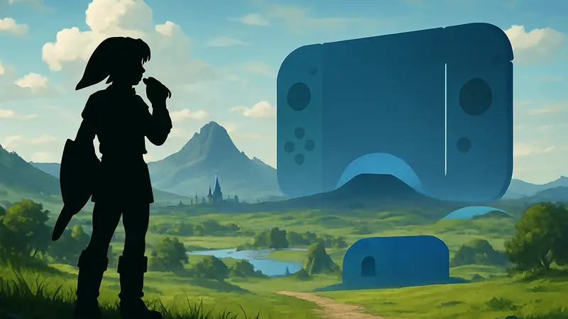 Линк из Ocarina of Time на фоне Хайрула, силуэт Nintendo Switch 2 на горизонте, символизирующий будущее.