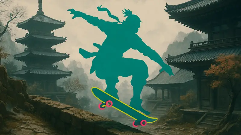 Кадр из игры Sekiro: Shadows Die Twice, где главный герой Волк катается на скейтборде в неоновом стиле Jet Set Radio.