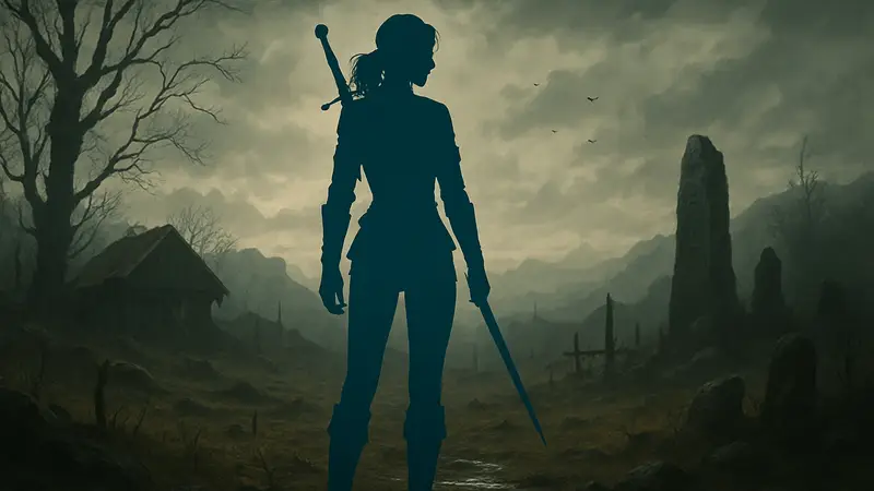 Косплеер MIKAZUKI в образе Цири из игры The Witcher IV после Испытания Травами на фоне мрачных земель.