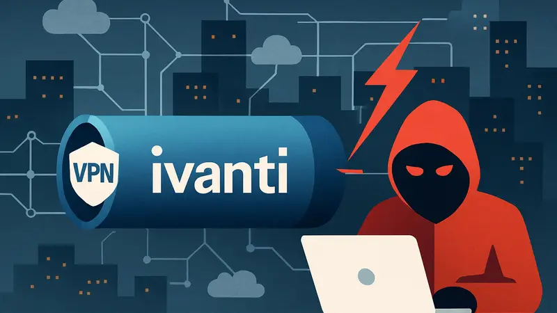 Сетевая схема с VPN-туннелем и символом хакера, символизирующим кибератаку на Ivanti.