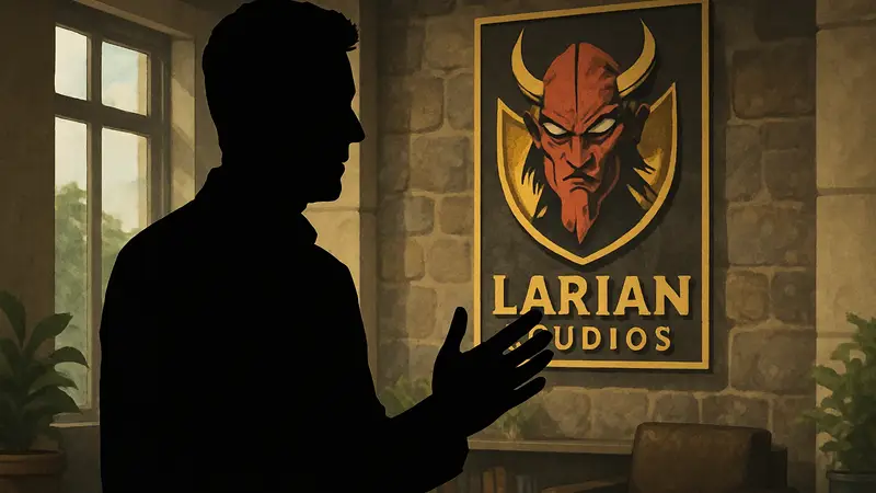 Свен Винке, глава Larian Studios, на фоне логотипа своей студии, символизирующий его призыв к уважительной критике игр