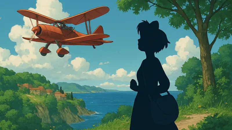 Игровой арт Into the Wind в стиле Studio Ghibli, возможно, с самолётом или воздушным кораблём
