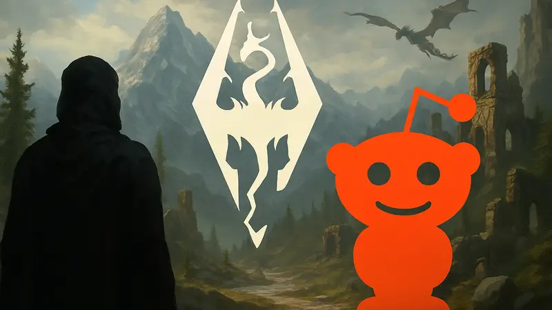 Обложка теста PC Gamer с логотипом Skyrim и Reddit