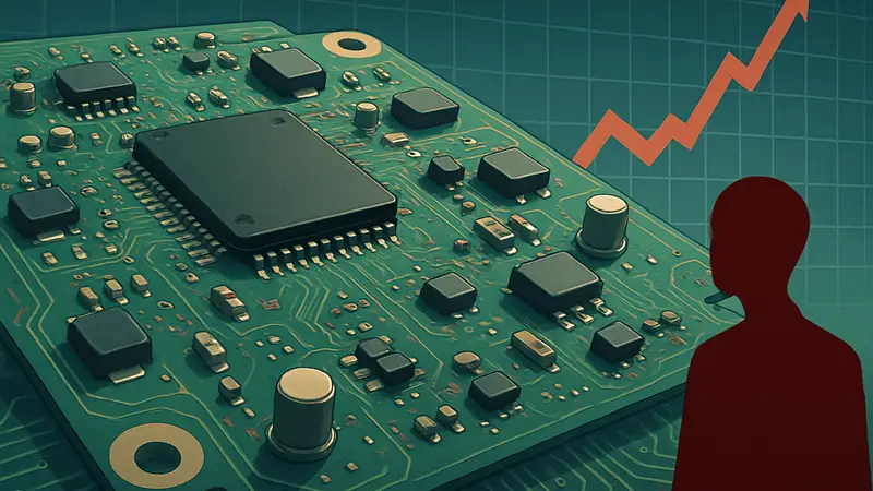 Схема печатной платы (PCB) с обозначениями компонентов, на фоне графика роста цен.