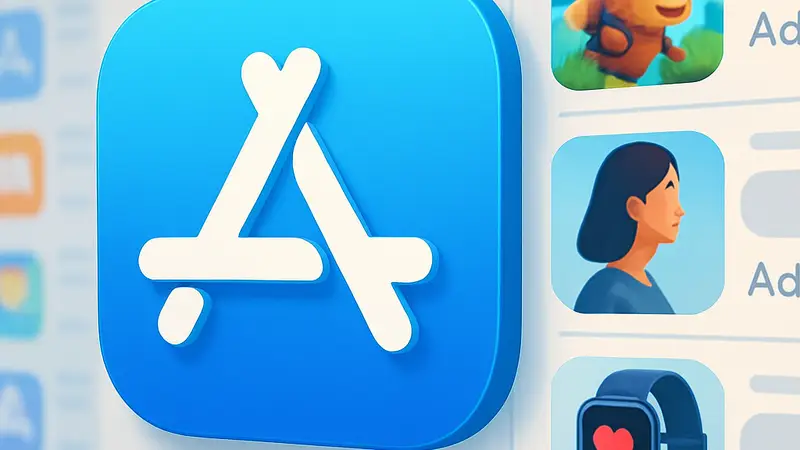 Изображение логотипа App Store на фоне интерфейса магазина с рекламными объявлениями, показывающими приложения.