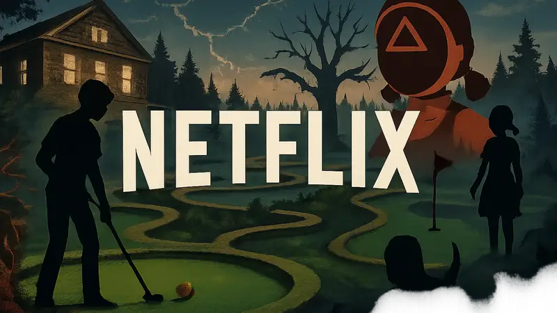 Логотип Netflix на фоне игрового поля для мини-гольфа с элементами «Очень странных дел» и «Игры в кальмара»