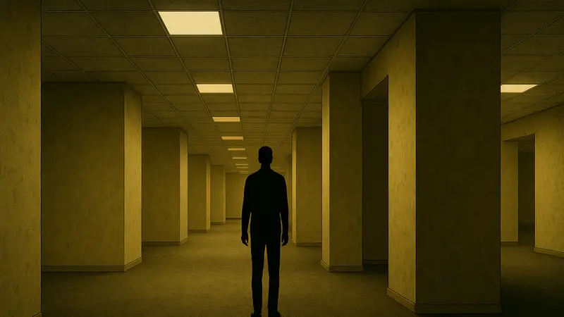 Постер фильма «Закулисье реальности» с жёлтыми коридорами Backrooms