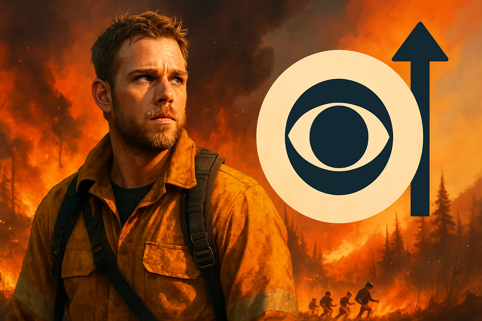 Обложка сериала Fire Country с главным актером Максом Тириотом и эмблемой CBS, символизирующая продление.