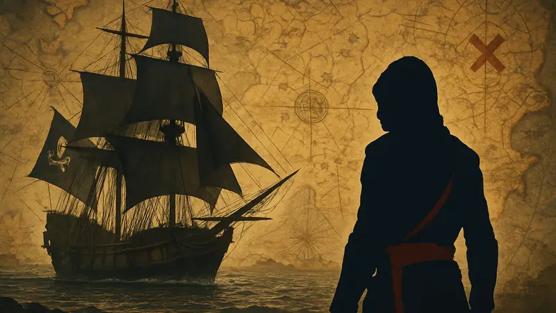Пиратский корабль из Assassin's Creed Black Flag на фоне карты сокровищ.