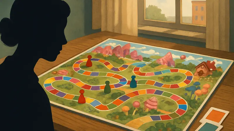 Изображение настольной игры Candy Land на игровом поле с фигурками и карточками