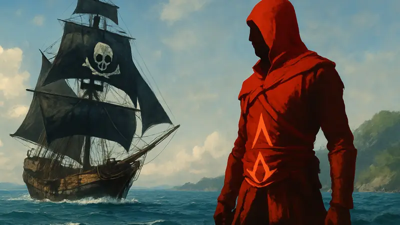 Обложка Assassin's Creed: Black Flag Resynced. Пиратский корабль и ассасин на фоне моря.