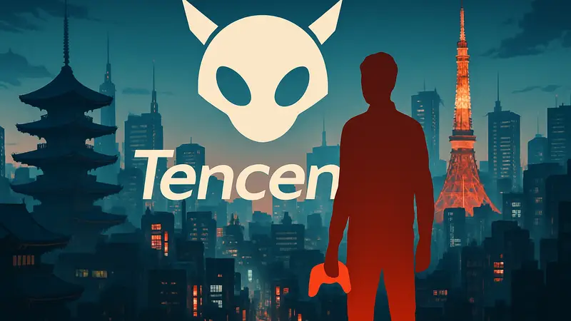 Логотип Tencent на фоне азиатского города, символизирующий инвестиции в игровую индустрию и технологии.