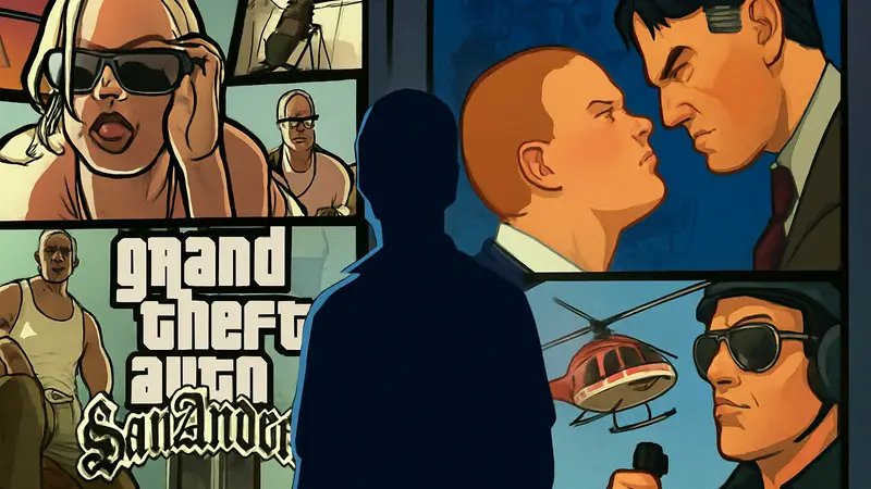 Коллаж из обложек культовых игр Rockstar для PlayStation 2, таких как GTA San Andreas и Bully