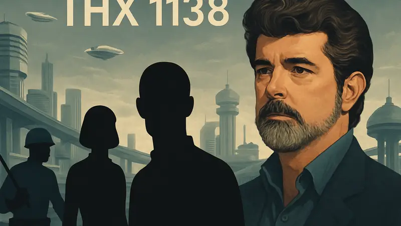 Постер фильма THX 1138 с Джорджем Лукасом, футуристические пейзажи антиутопического мира и главными героями