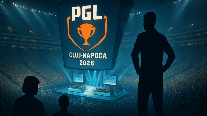 Логотип PGL Cluj-Napoca 2026 с видом на заполненную киберспортивную арену во время финалов турнира.