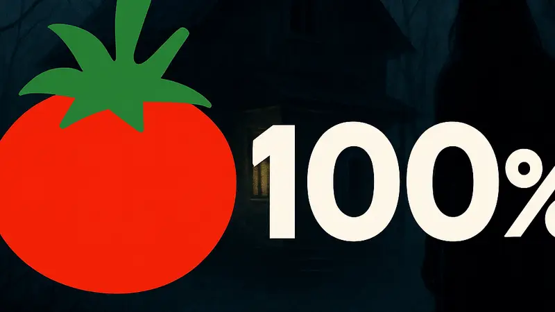 Схематичное изображение логотипа Rotten Tomatoes с оценкой 100% на фоне постера таинственного фильма ужасов.