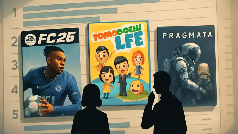 Обложки игр EA Sports FC 26, Tomodachi Life и Pragmata на фоне британского чарта продаж