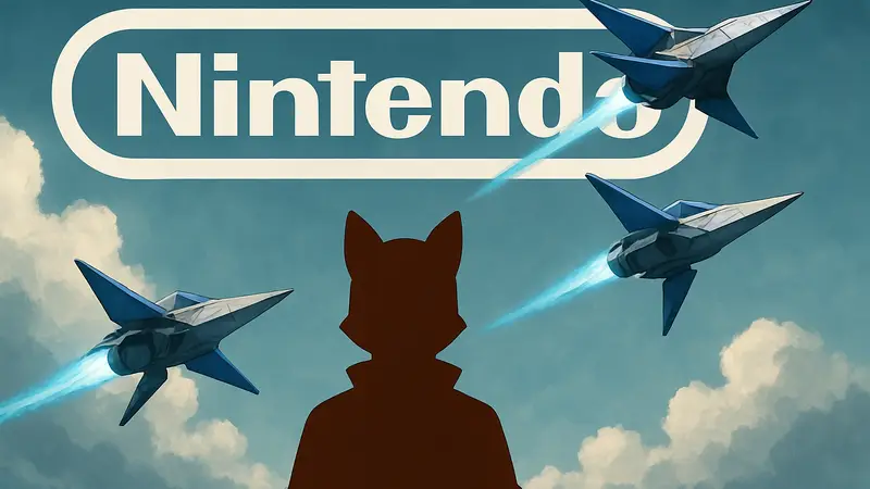 Истребители Star Fox в полёте на фоне логотипа Nintendo