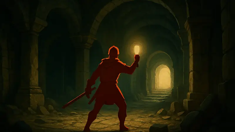 Обложка игры Light Ahead: Dungeon Run, изображающая героя в подземелье.