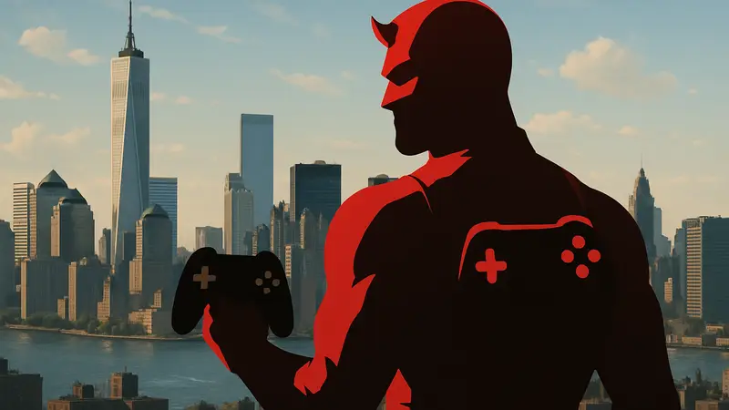 Сорвиголова в своём костюме, на фоне Нью-Йорка. Ожидание видеоигры по сериалу Daredevil.