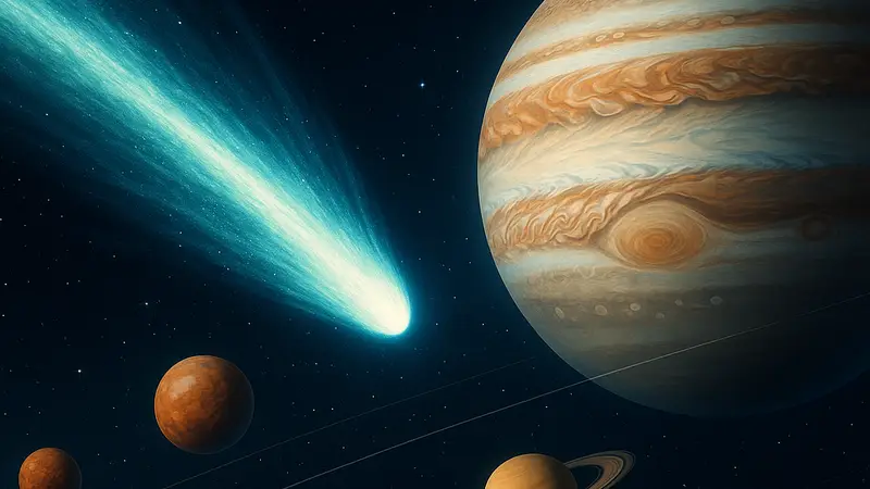Изображение кометы 3I/ATLAS, пролетающей мимо Юпитера и других планет Солнечной систе мы.