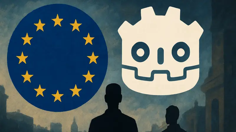Логотип Godot Engine рядом с символом европейского флага, представляющий конкуренцию игровых движков.