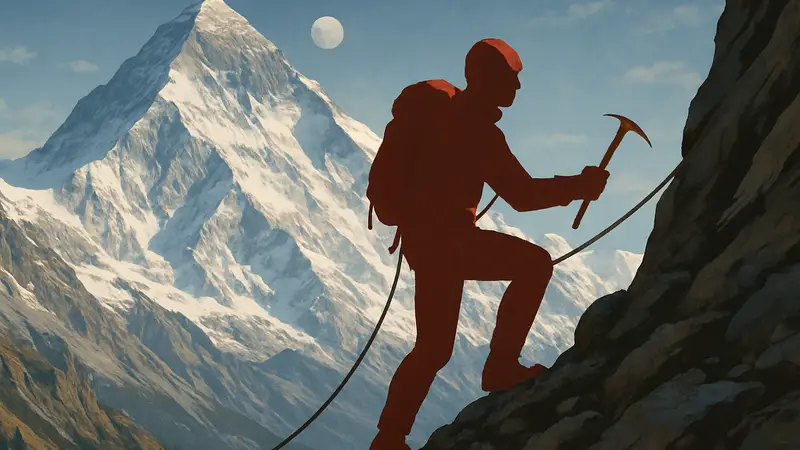 Персонаж инди-игры Cairn, занимающийся альпинизмом на фоне горного пейзажа.