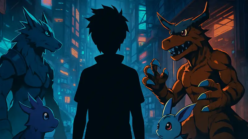 Кадр из аниме Digimon Beatbreak в киберпанк-стилистике, с дигимонами
