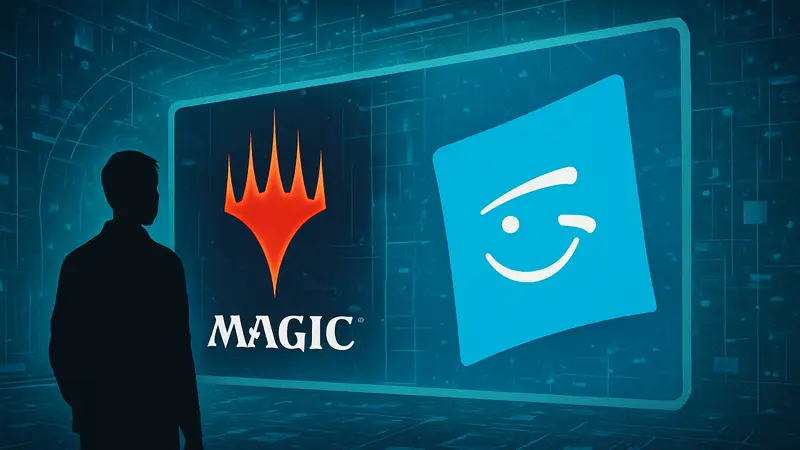 Логотип Magic: The Gathering Arena и символ Hasbro на цифровом фоне.