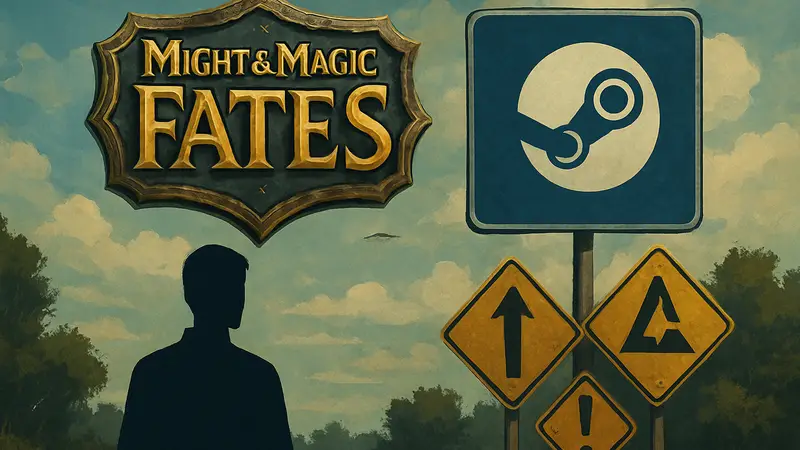 Логотип Might & Magic Fates на фоне Steam и знаков дорожной карты