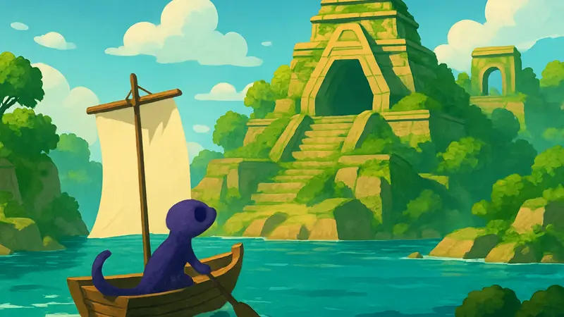 Маленький геккон на парусной лодке исследует яркий мир игры Gecko Gods.