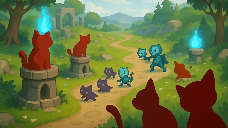 Скриншот из игры Nekomancer с котами, защищающими башни