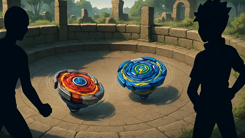 Изображение геймплея рогалика в стиле Beyblade с вращающимися волчками на арене.