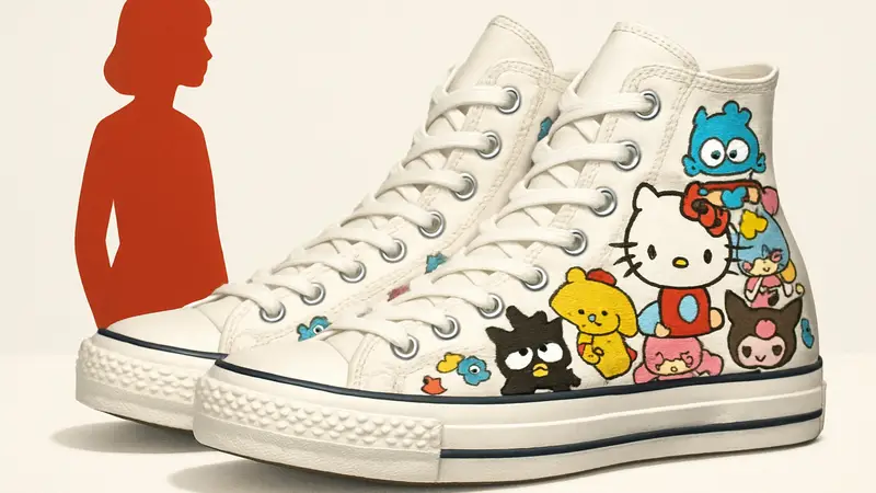 Кеды Converse с персонажами Hello Kitty и Sanrio на белом фоне, новая коллекция.