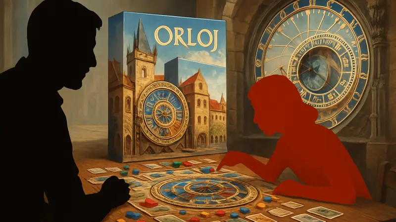 Настольная игра «Орлой: Сердце Старой Праги» на игровом столе, видны компоненты и часы.