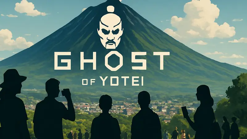 Ghost of Yotei: игровой логотип на фоне Нисеко, Хоккайдо, и туристический бум в Японии.