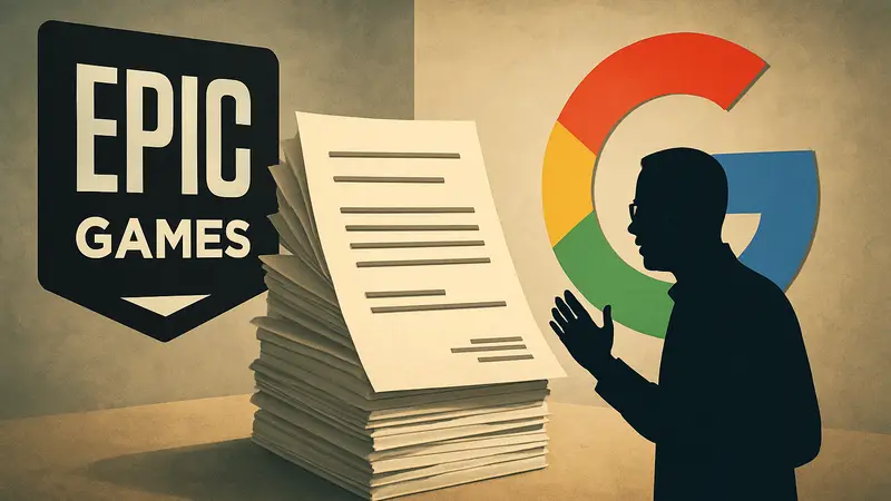Логотипы Epic Games и Google, разделённые судебными документами, символизирующими конфликт.