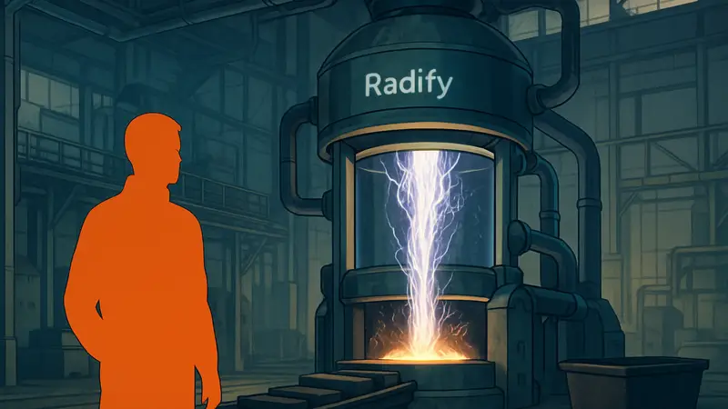 Концептуальное изображение плазменного реактора Radify Metals, демонстрирующее процесс обработки металлов с чистой энергией.