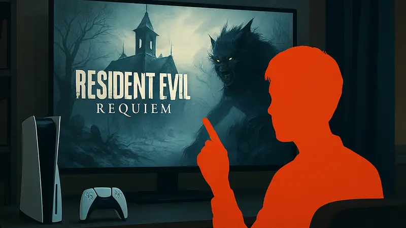 Заставка игры Resident Evil Requiem на экране PlayStation 5, с намеком на утечки и спойлеры.