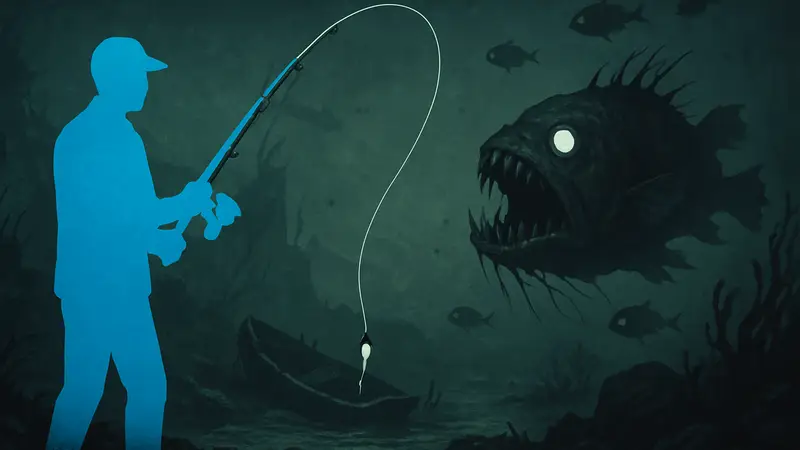 Игровой скриншот из About Fishing, показывающий странную подводную сцену с элементами хоррора.