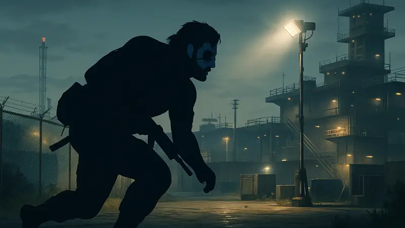Биг Босс (Снейк) из Metal Gear Solid 5 крадется по базе в Ground Zeroes на PC.
