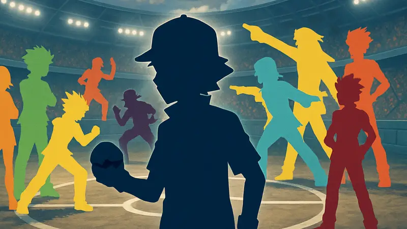 Эш Кетчум из аниме «Покемон» и несколько его известных соперников, сражающихся на арене.