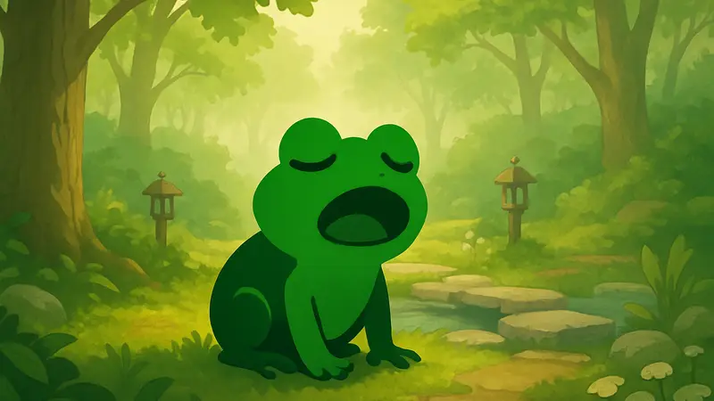 Маленькая мультяшная лягушка, просыпающаяся от спячки, на фоне весеннего леса из игры Walk the Frog.