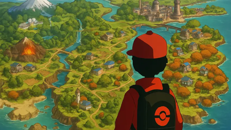 Карта региона из игры Pokémon с изображением различных биомов и городов
