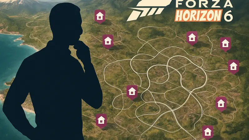 Карта Forza Horizon 6 с отмеченными домами для покупки и локациями игрового жилья.