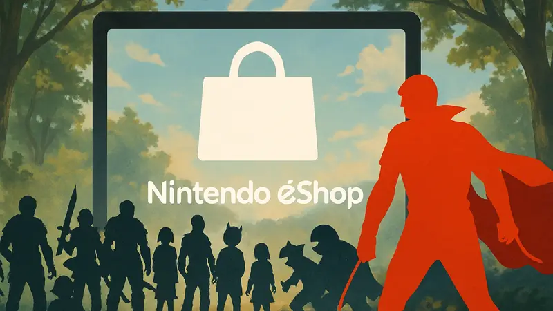 Логотип Nintendo eShop с иконками 48 новых игр, включая Vampire Crawlers.