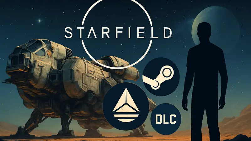 Логотип Starfield на фоне космического корабля. Достижения Steam и DLC Terran Armada.