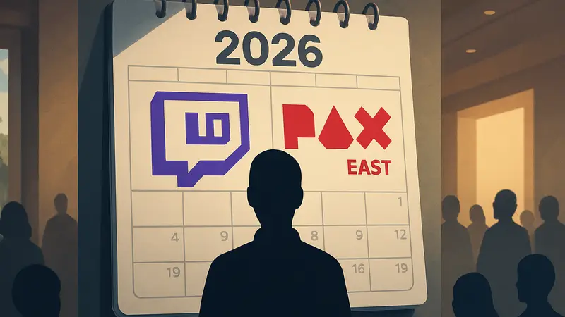 Календарь игровых событий 2026 года с логотипами TwitchCon и PAX East, символизирующий предстоящие анонсы