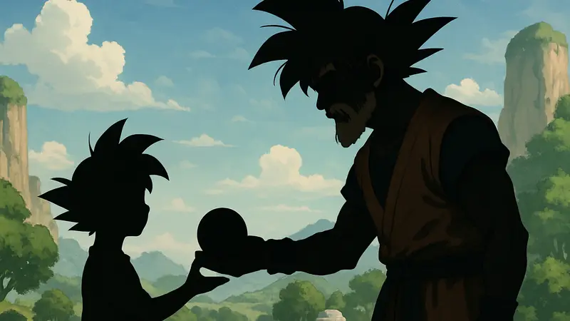 Изображение пожилого Гоку из Dragon Ball с новым дизайном, передающего эстафету.