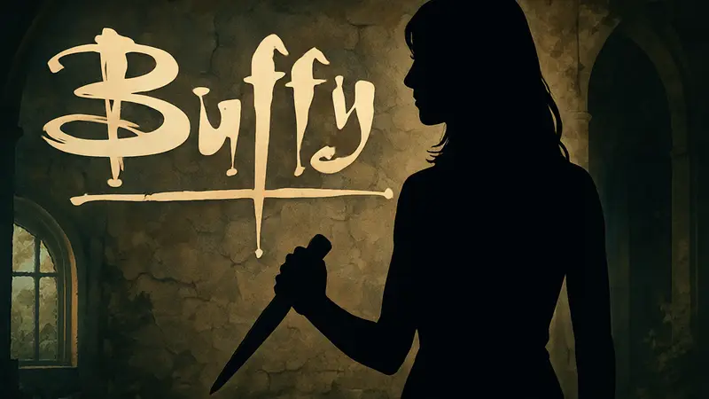 Сара Мишель Геллар в образе Баффи, на фоне логотипа сериала.